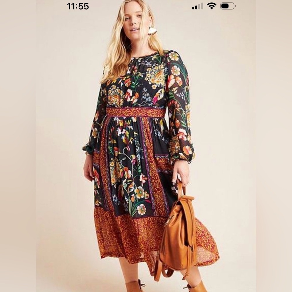 Anthropologie Adair Velvet Trimmed Midi Floral Bohemian Dress Size 20